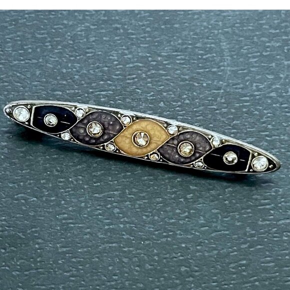 Vintage Pierre Bex Art Deco Revival Brooch Black Gold Enamel Rhinestone Bar Pin - Picture 1 of 8